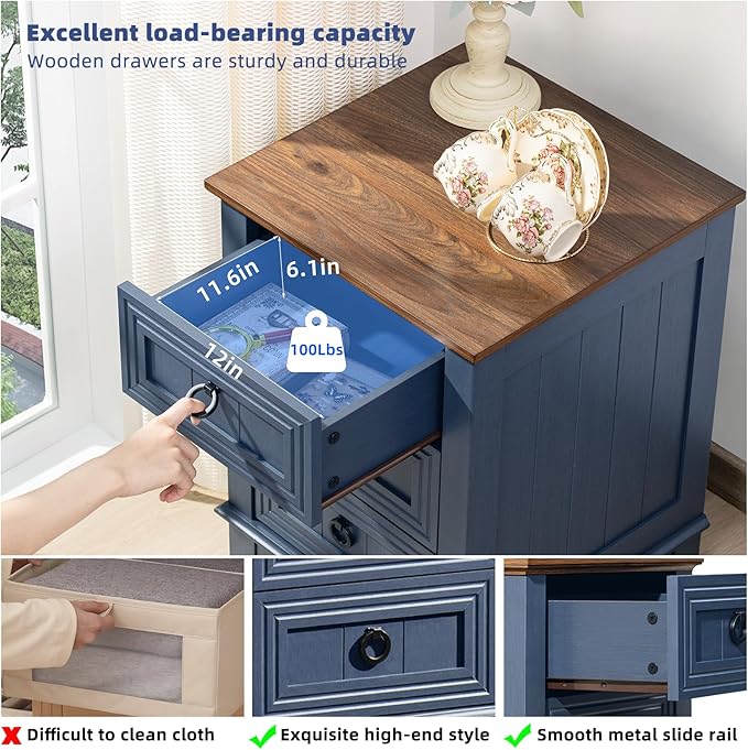 18" Farmhouse Night Stand with 3 Drawers, Wood End Table Dresser for Bedroom, Navy Blue Nightstand, Bed Side Table with Metal Handle, Bedside Cabinet for Bedroom Living Room, Closet-Ruum Studio Home