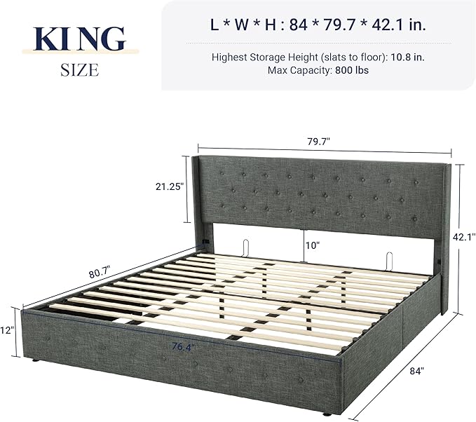 Allewie King Size Lift Up Storage Bed, Button Tufted Headboard with Wingback, Hydraulic Support, No Box Spring Needed, Dark Grey-Ruum Studio Home