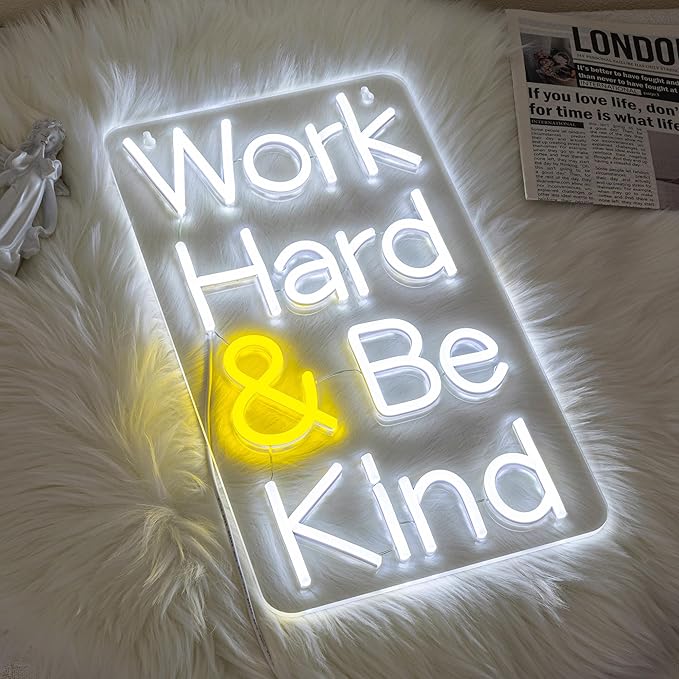 Work Hard Be Kind Neon Sign for Wall Decor Letter Neon Light Be Kind LED Neon Sign for Office White LED Neon Light for Offices Classroom Bedroom Study Room Decoration-Ruum Studio Home