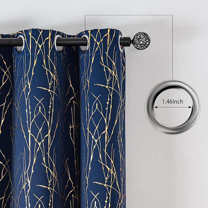 Grommets Blackout Long Window Curtains Navy Blue Gold-52W*95L 2PCS Drapes for Bedroom-Ruum Studio Home