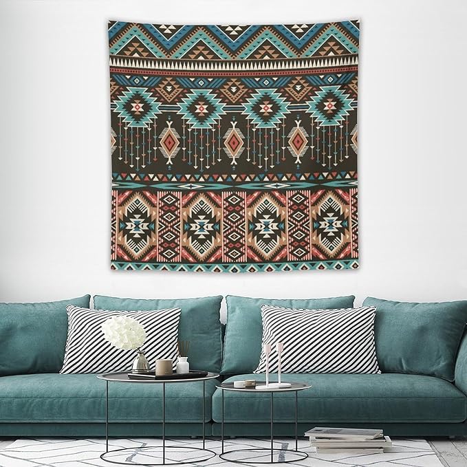 HZOHNAGO Aztec Tapestry Turquoise Blue and Brown and Native American Tribal Pattern Printed Wall Tapestry Wall Hanging for Bedroom Living Room Dorm 60" W x 60" H-Ruum Studio Home