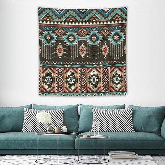 HZOHNAGO Aztec Tapestry Turquoise Blue and Brown and Native American Tribal Pattern Printed Wall Tapestry Wall Hanging for Bedroom Living Room Dorm 60" W x 60" H-Ruum Studio Home