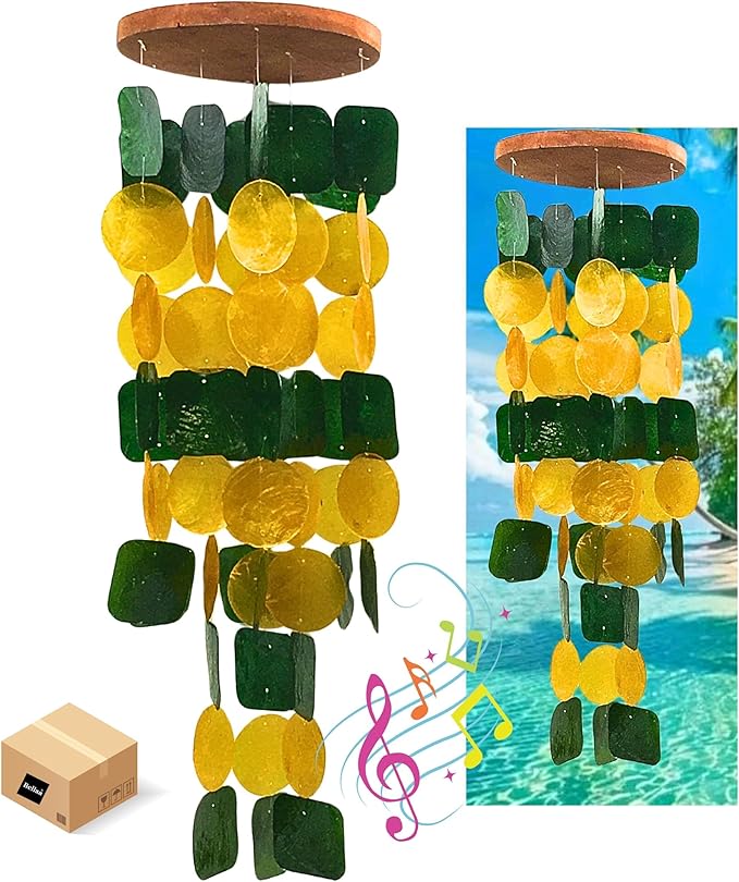 Bellaa 24896 Wind Chimes Outdoor, Garden Decorations, Musical, Indoor/Outside Windchimes, Beach, Ocean Breeze, Gifts for Mom, Gift for All Occasions, Capiz Sea Glass Shells Wood Yellow Green-Ruum Studio Home
