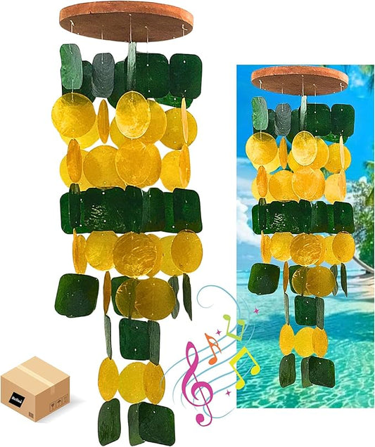 Bellaa 24896 Wind Chimes Outdoor, Garden Decorations, Musical, Indoor/Outside Windchimes, Beach, Ocean Breeze, Gifts for Mom, Gift for All Occasions, Capiz Sea Glass Shells Wood Yellow Green-Ruum Studio Home