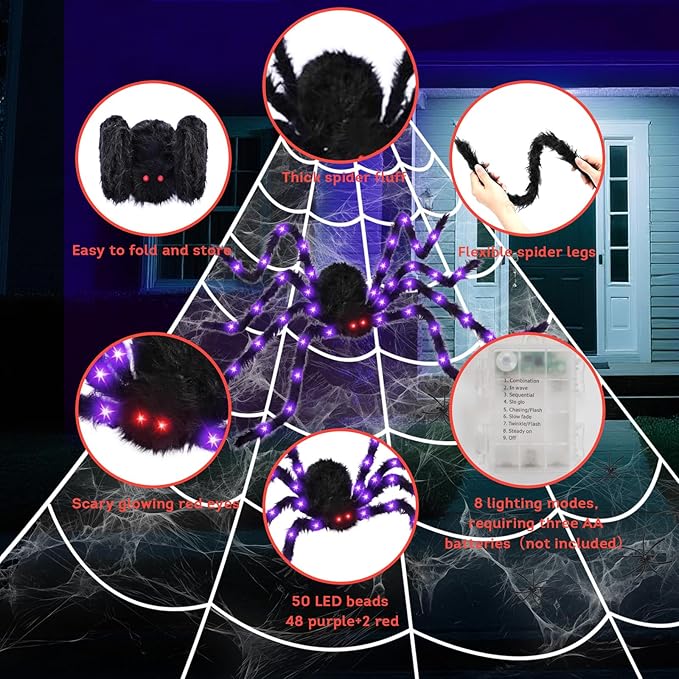 16.4 X 15.8Ft Giant Spider Web Halloween Decorations with 250 LED Lights, Halloween Spider Web Outdoor with 5Ft Large Spider, 3.53 Oz Stretch Web and 20 Small Spiders for Yard House Party Decoration-Ruum Studio Home