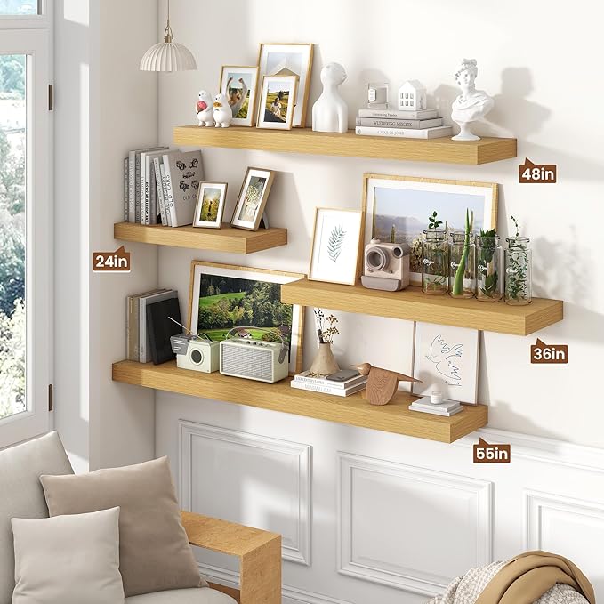 Heimlove 24 inch Floating Shelves for Wall,9.3 inch deep Bathroom Over Toilet Shelf,Wall Mounted Rustic Wood Shelves for,Bedroom,Living Room,Kitchen,Office Decor Set of 2-Oak Color-Ruum Studio Home