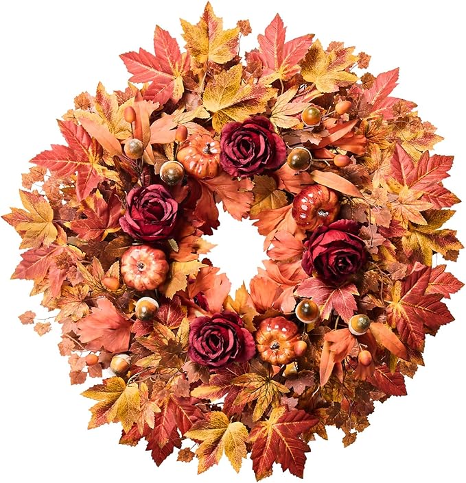26'' Large Fall Wreath for Front Door, Autumn Wreaths for Outdoor Home Decor - Farmhouse Wreath with Maple Leaves, Pumpkins, Roses, Thanksgiving Decoration, Rustic Harvest Festival Door Hanging-Ruum Studio Home