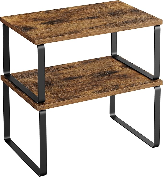 SONGMICS Cabinet Organizer Shelf, Set of 2 Kitchen Counter Shelves, Kitchen Storage, Spice Rack, Stackable, Expandable, Metal and Engineered Wood, Ink Black and Rustic Brown UKCS020X01-Ruum Studio Home