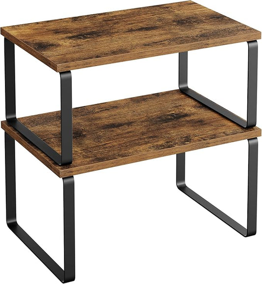 SONGMICS Cabinet Organizer Shelf, Set of 2 Kitchen Counter Shelves, Kitchen Storage, Spice Rack, Stackable, Expandable, Metal and Engineered Wood, Ink Black and Rustic Brown UKCS020X01-Ruum Studio Home