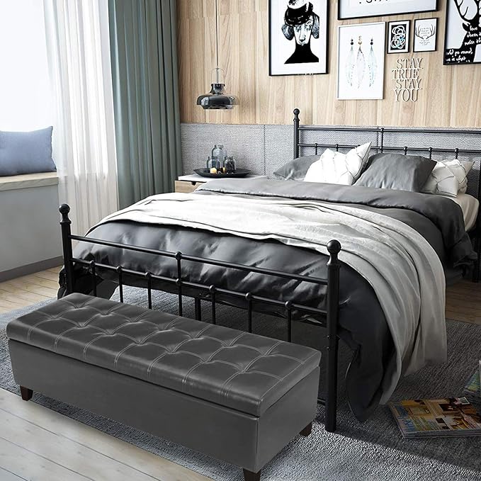 Joveco Storage Ottoman Bench, Tufted Leather 51 Inch Storage Bench for End of Bed Bedroom Living Room (51”, Dark Gray)-Ruum Studio Home