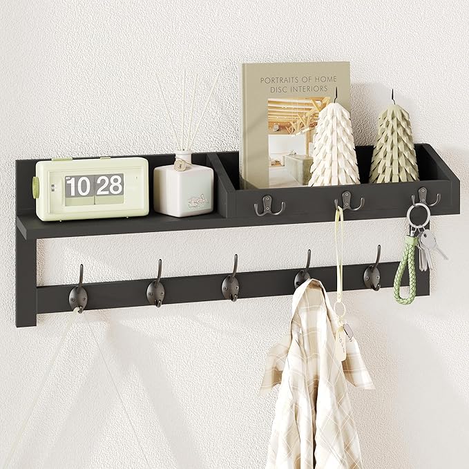 AMBIRD Wall Hooks with Shelf 26.57inch Entryway Wall Hanging Shelf Wood Coat Hooks for Wall Coat Rack Wall Mount Rack with 5 Dual Hooks 3 Key Hooks Mail Organizer and Key Rack Key Holder (Black)-Ruum Studio Home