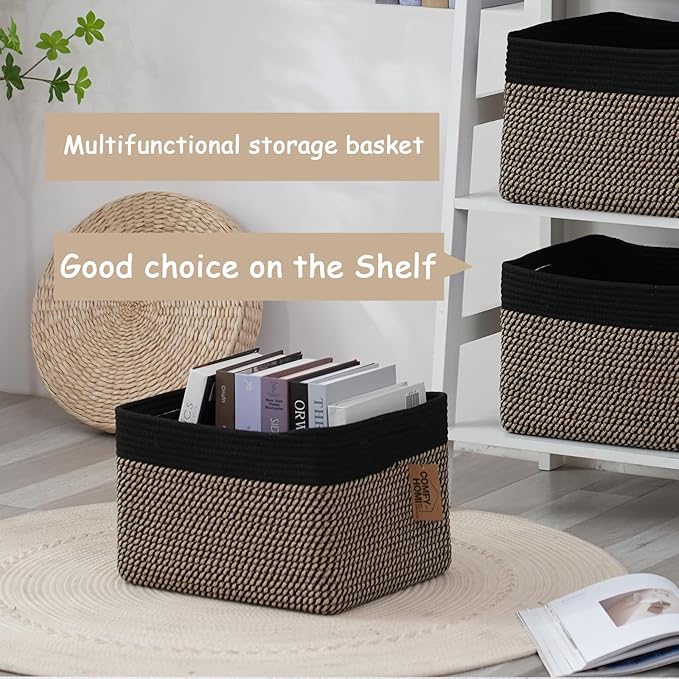 COMFY-HOMI Cotton Rope Woven Basket with Handles for Shelves,Toys,Book, Cloth Storage Baskets Bin for Organizing-13.5"x11"x9.5" Toy Decorative Organizer for Living Room, Bathroom-Black/Jute-Ruum Studio Home