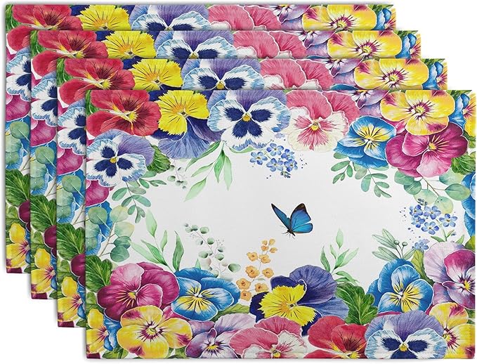 Watercolor Flowers Placemats Set of 4 Spring Summer Floral Butterfly Linen Fabric Table Mats Pansy Flower Eucalyptus Leaves Washable Place Mats for Farmhouse Dining Table Kitchen Decoration-Ruum Studio Home