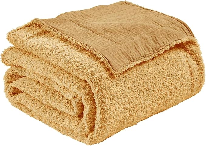 EMME Muslin and Fleece Queen Blanket Reversible - 80"*90" Beige Soft Warm Throw Blankets for Couch Bed Picnic Travel Bed-Ruum Studio Home