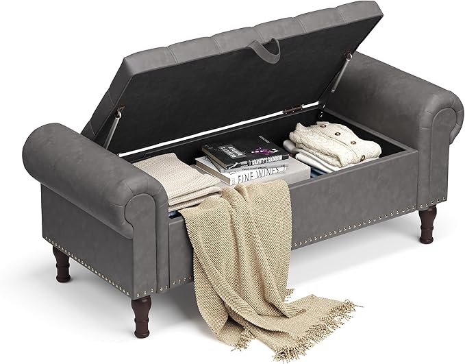 Storage Bench for Bedroom, 51" Full Queen Storage Bench, Upholstered Bedroom Bench with Rolled Arms and Vintage Rivets for Living Room, Storage Room, Entryway, Gray-Ruum Studio Home