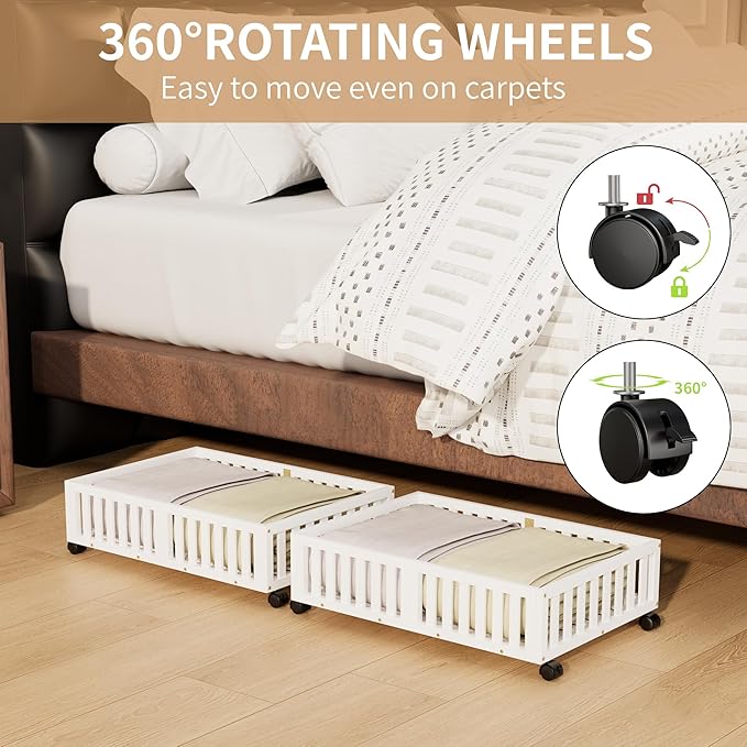 Bamboo Under Bed Storage with Wheels (2-Pack) – Rolling Underbed Shoe Organizer Box for Shoes, Blankets, Toys, Clothes Container Space-Saving Organizer Bins for Bedroom, Closet, Dorm, Nursery-Ruum Studio Home