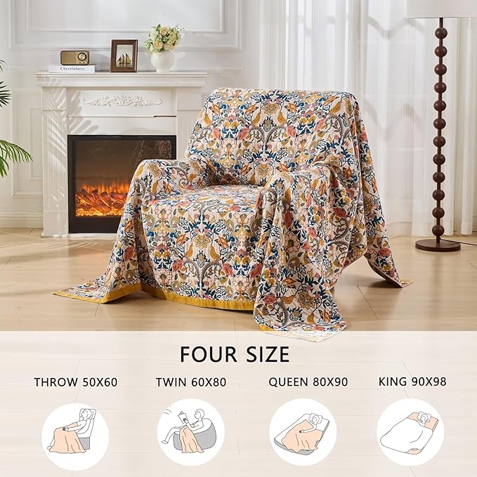 Boho Throw Blanket for Bed Couch 100% Cotton Woven Bed Throws for Summer, Lightweight and Soft Cozy Farmhouse Reversible Muslin Decorative Blanket for Travel Picnic, Teal/Cream, 80"x90"-Ruum Studio Home