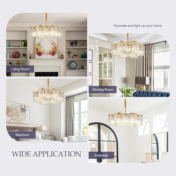 24.4“ Gold Semi Flush Mount Ceiling Light Fixtures, 6-Light Gold Modern Crystal Chandelier Height Adjustable Pendant Lighting for Bedroom Entryway Hallway Kitchen Island Living Room Foyer-Ruum Studio Home