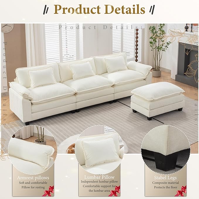 URRED Modular Sectional Sofa Comfy Cloud Couch, Modern Chenille Sofa Sleeper Deep Seat Couches with Ottoman/Pillows for Living Room (White, 117''- L Shape)-Ruum Studio Home