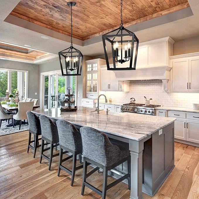 BrightHome Farmhouse Chandelier 4-Light, Black Pendant Light Fixture Ceiling Hanging for Kitchen Island Dining Room, Lantern Industrial Lighting with Metal Cage Adjustable Height for Entryway Foyer-Ruum Studio Home