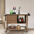 Wicker Outdoor Bar Cart with 4 Lockable Casters, Patio Prep Stainless Table with 2 Ratten Doors Storage Cabinet,Island Cart with WPC Shelf for Grill, Kitchen and Garden, Brown-Ruum Studio Home