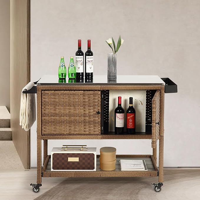 Wicker Outdoor Bar Cart with 4 Lockable Casters, Patio Prep Stainless Table with 2 Ratten Doors Storage Cabinet,Island Cart with WPC Shelf for Grill, Kitchen and Garden, Brown-Ruum Studio Home