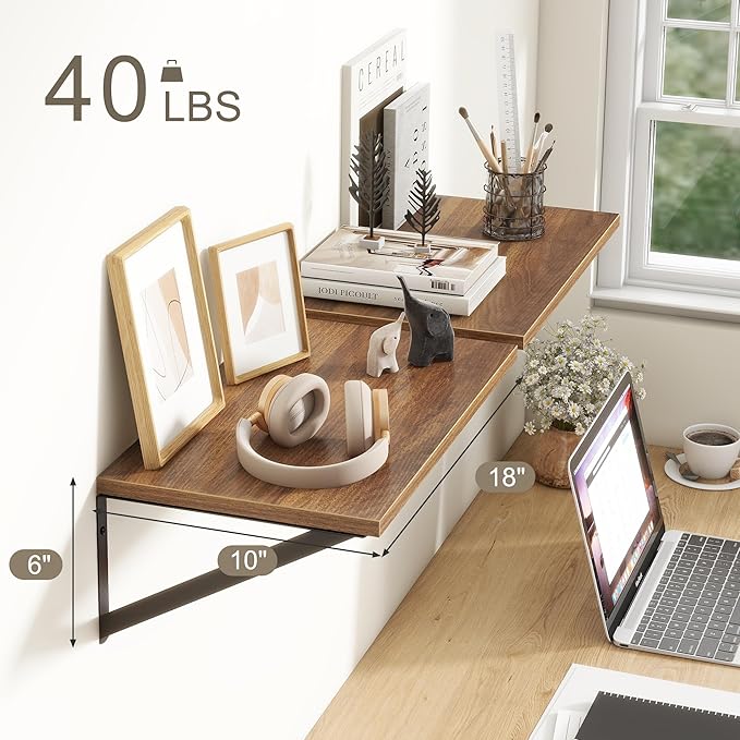 Fun Memories 18" W x10 D Floating Shelves, Farmhouse Wall Shelves Home Decor Shelf, Deep Bathroom Shelves with Bracket, 10 Inch Deep Wall Shelf for Living Room, Kitchen, Bedroom, Walnut, Set of 2-Ruum Studio Home