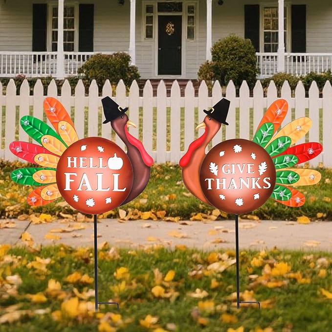 2 PCS Happy Fall Yard Signs Metal Thanksgiving Decorative Garden Stakes with Led Light Turkey Give Thanks Yard Stakes Fall Harvest Lawn Garden Lawn Pathway Decor-Ruum Studio Home