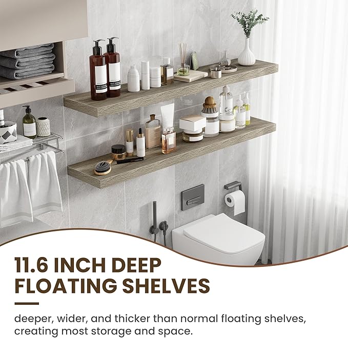 55 Inch Floating Shelves, 12 Inch Deep Floating Shelves for Wall, Floating Shelf with Invisible Brackets, Deep Shelves for Bathroom, Bedroom, Living Room, 1 Pack, Grey-Ruum Studio Home