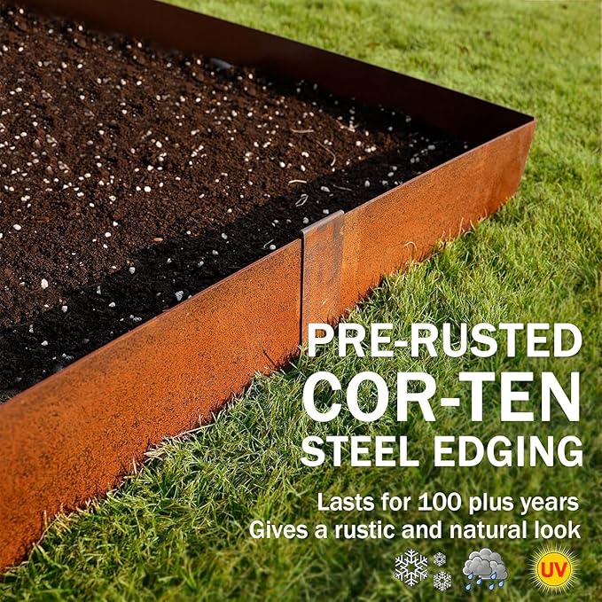 Worth Garden 6 Pack Cor-Ten Steel Landscape Edging w/Rust Patina Finish - 40" L x 8" H Strips - Hammer-in 14-Gauge Metal Corten Edging Border w/ 7 Clips & Gloves - Edge for Lawn Yard (20Ft Total)-Ruum Studio Home