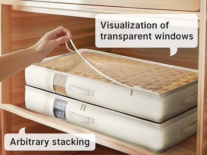 Under Bed Storage Containers with Window, Closet Organizers and Storage Bags, Foldable Underbed Storage Bags for Blankets, Clothing, Comforter, Linen Sheets, Wrapping Paper, 3 Pack, White Ivory-Ruum Studio Home