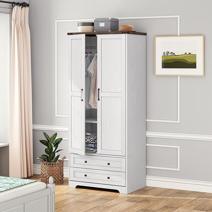 Brafab Armoire Wardrobe Closet with 2 Modern Doors, 71" Tall Freestanding Closet Wardrobe Cabinet with Drawers and Hanging Rail, Light Wooden Storage Cabinet with Shelve for Bedroom (White, 2 Doors)-Ruum Studio Home