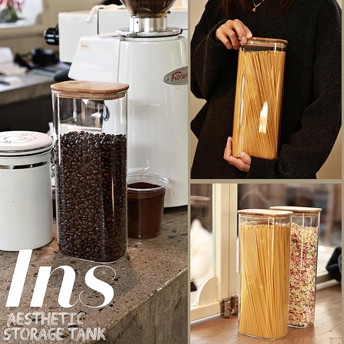 Liuruiyu Glass Storage Jars Set of 3, Clear Glass Food Storage Containers with Airtight Bamboo Lid Stackable Kitchen Canisters for Candy,Cookie,Rice,Sugar,Flour,Pasta(Flat)-Ruum Studio Home