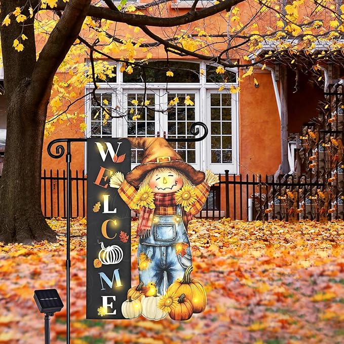 Thanksgiving Lighted Garden Flag, Solar Fall Outdoor Decor Yard Flag,8 Modes Led Scarecrow Flag,28x40 Double Sided Maple Leaf Pumpkin Bird Decorations for Home Porch-Ruum Studio Home