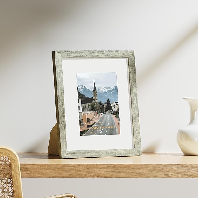 Vittanly 8x10 Picture Frames Set of 9, Shatter Resistant Plexiglass, Display 5x7 Pictures with Mat or 8x10 without Mat, Photo Frames for Wall or Tabletop, Engineered Wood, Driftwood-Ruum Studio Home