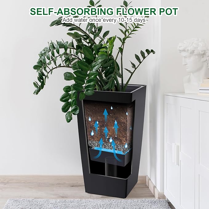 30" Tall Planters Set of 2, Outdoor＆Indoor Black Planter Pots, High Front Porch Planter Pots with Drainage Holes＆Water Level Monitor Movable Wheels ＆Inner Bucket, Automatic Watering,Black-Ruum Studio Home