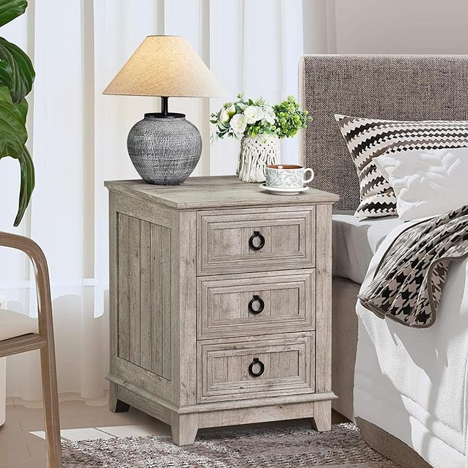 Farmhouse Night Stand Set of 2, 18" End Table with 3 Drawer Metal Handle, Dresser for Bedroom, Sofa Bed Side Table Chest of Drawers,Wood Nightstand Cabinet for Organizer, Living Room-Oak-Ruum Studio Home