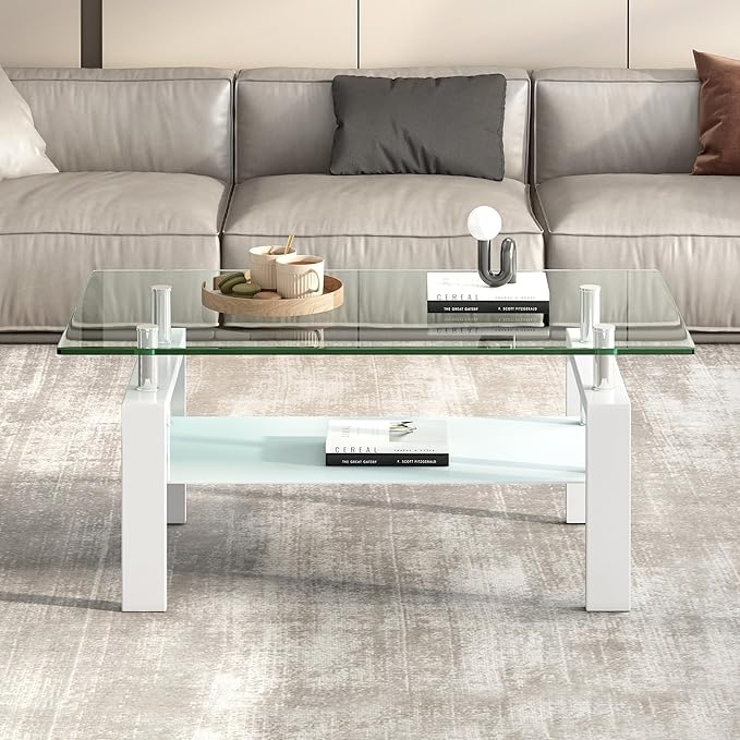 Glass Coffee Table Rectangle White Living Room Center Table, 39inch Transparent Tempered Glass Tabletop and Metal Frame, White + Clear Glass-Ruum Studio Home