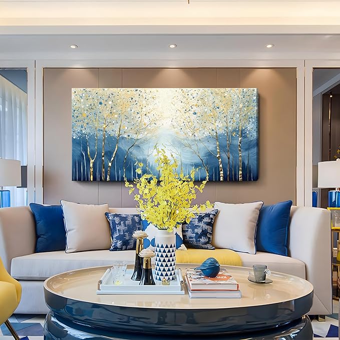 amatop Large Abstract Wall Art for Living Room Modern Tree of Life Canvas Art Print Nature-Inspired Navy Blue Wall Decor Landcape Artwork Birch Forest Picture Bedroom Office Dining Entryway 48x24 Inch-Ruum Studio Home