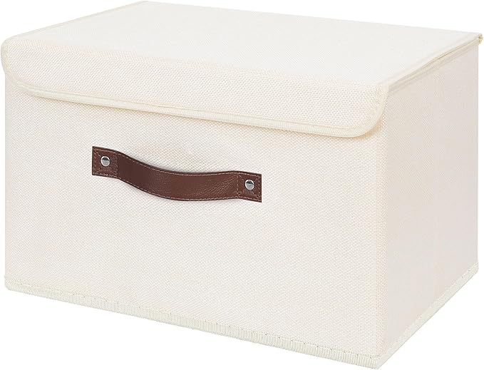 ANMINY Storage Bin with Lid Storage Boxes with PU Leather Handles PP Plastic Board Decorative Foldable Lidded Cotton Linen Fabric Home Cubes Baskets Closet Organizer Container - Beige, Large Size-Ruum Studio Home