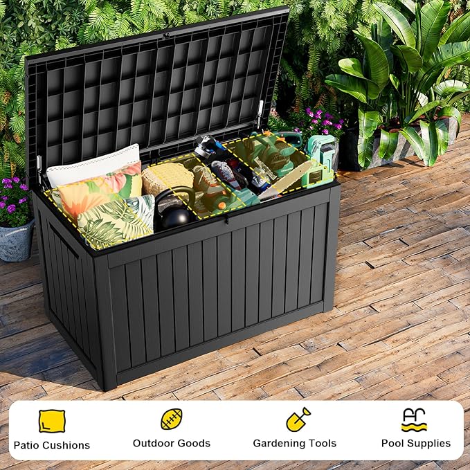 230 Gallon Outdoor Deck Box,Storage Lockable Waterproof Patio Furniture,Garden Tools,Cushions,Pool Accessories Outside Storage Resin Box(Black)-Ruum Studio Home