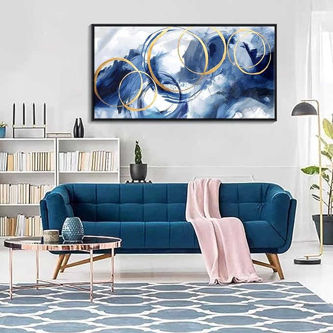 Framed Abstract Wall Art Blue Modern Art Wall Decor Artwork For Living Room Huge Wall Canvas Office Pictures For Navy Gold Modern Decorations For Bedroom Size 24x48in-Ruum Studio Home