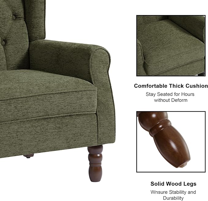 Accent Chair, Upholstered Armchair with Button Tufted High Back & Solid Wood Legs, Comfy Wingback Reading Single Sofa Chair for Small Spaces, Living Room, Bedroom (Green, Set of 2)-Ruum Studio Home