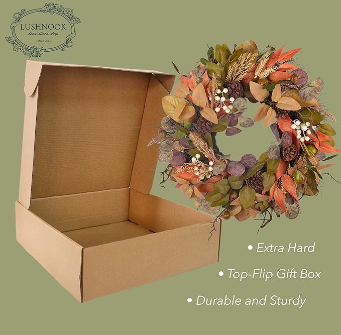 24" Fall Wreath for Front Door Handmade with Artificial Autumn Leaves, Natural Pinecones, Faux Berries and Wheat, Autumn Harvest Wreath Decoration for Home Farmhouse Door Wall Window Porch-Ruum Studio Home