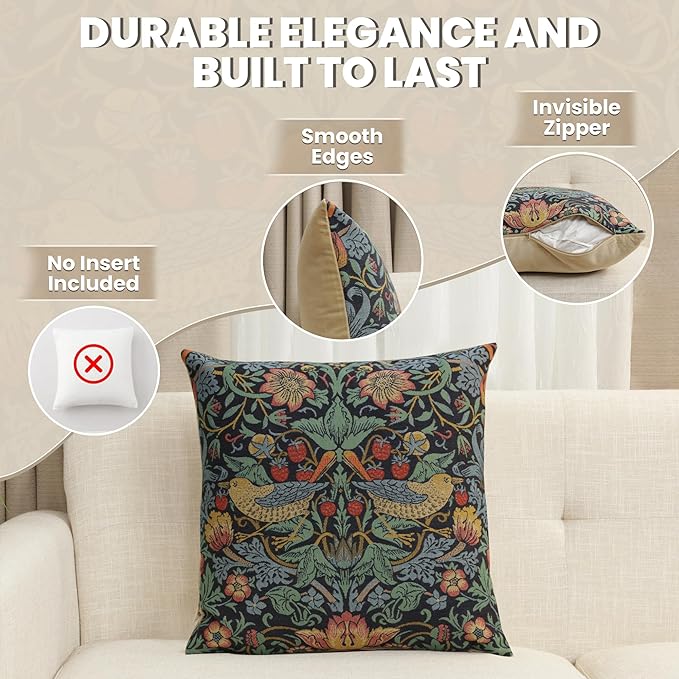 Charlotte Home Furnishings Throw Pillow Covers, Decorative Boho Pillow Covers for Couch, Living Room, Blue Strawberry Square Cushion Cases 18x18 in, European Cotton Jacquard Woven, Cozy Bedroom Decor-Ruum Studio Home