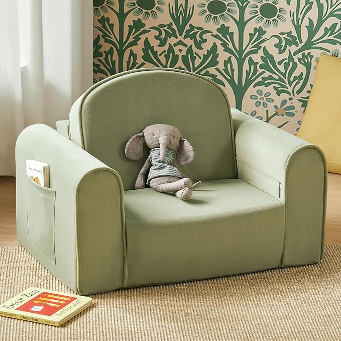 Tiny Land 2-in-1 Foldable Kids Couch with Pockets – Soft Thick Toddler Sofa, Lounger Couch, Convertible Kids Chair for Playroom, Bedroom or Living Room, Gift for Boys & Girls(Green)-Ruum Studio Home