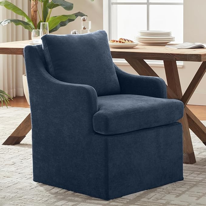 VKNOW Upholstered Dining Chairs Set of 2, Modern Kitchen Chairs Dinner Chairs with 4 Casters, Linen Armchair for Bedroom Reading Room Living Room, Navy-Ruum Studio Home
