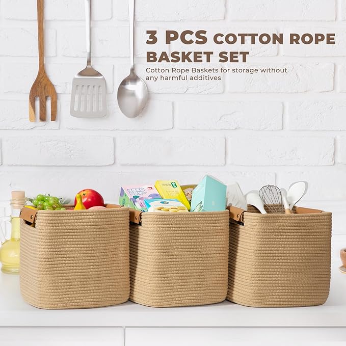 danpinera 3 Pack 11 Inch Woven Baskets for Storage, Stylish Storage Baskets for Shelves, Laundry, Bathroom, Kitchen, Cube Storage Bin, Cotton Rope Boho Baskets, Jute-Ruum Studio Home