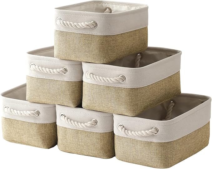 TheWarmHome Storage Basket for Shelves - 12x8x5.2 inch Small 6 Pack Collapsible Storage Bin for Closet with Handles, Fabric Storage Cubes for Cloth Organizer Gift Toy Decorative (White & Khaki)-Ruum Studio Home