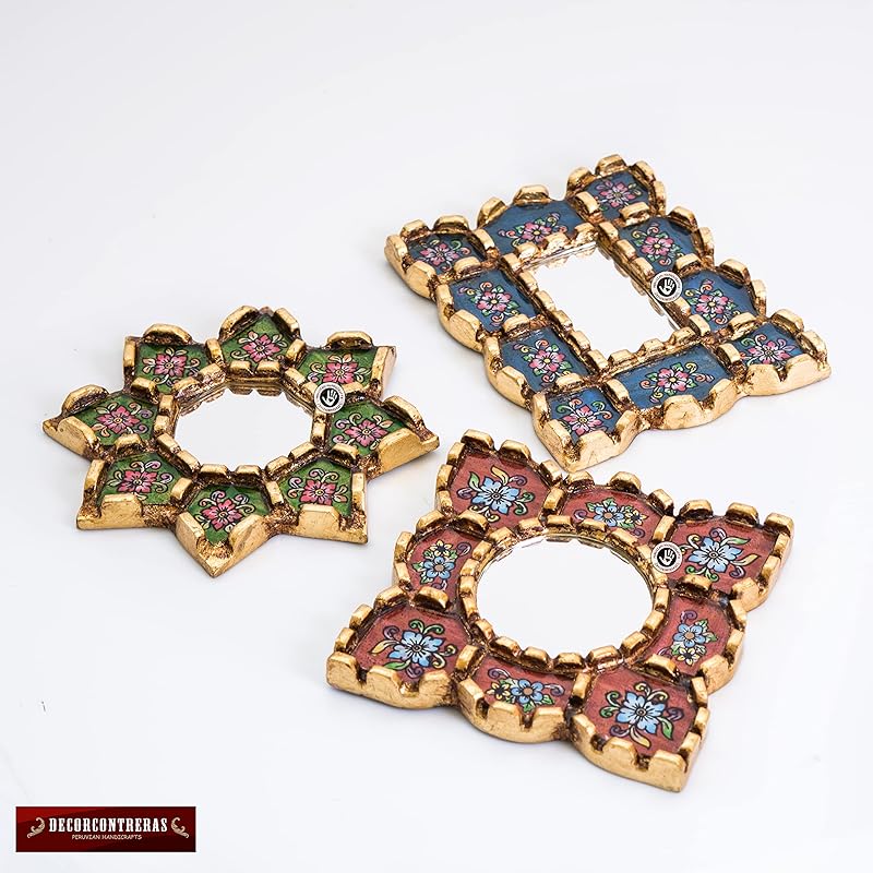 Small Decorative Wall Mirror set of 3 - Accent mirrors of 6in for wall decor, Peruvian Mirrors Vanity with bronze leaf-Ruum Studio Home